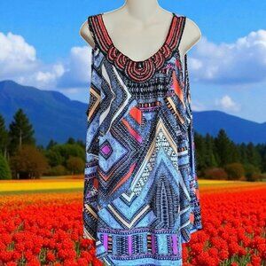 Geometric Patterned Sleeveless Dress Tunic embellished collar line Plus 26/28W